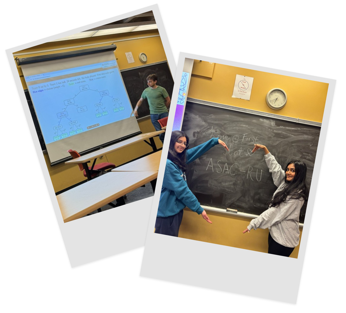 Collage - left is a graduate student seminar, right is a picture of two board members
