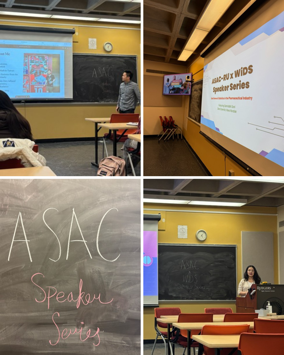 Photo collage of two speakers, a picture of a blackboard, and a picture of a presentation