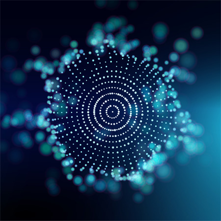 This image is a digital graphic depicting an abstract sphere made of glowing, interconnected white dots against a dark blue background.